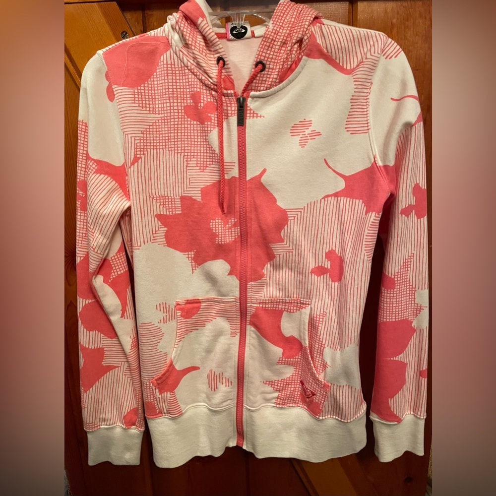 Roxy women’s full zip up hoodie. Small. White & salmon pink. Excellent condition